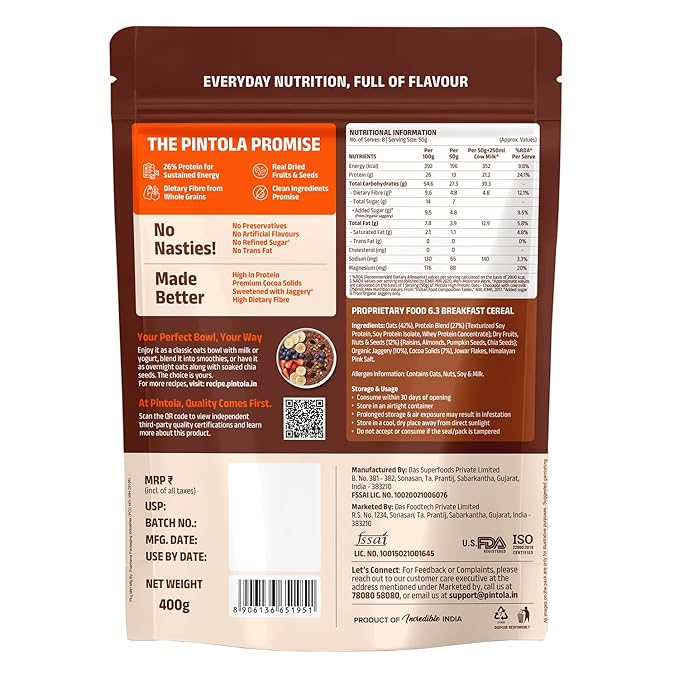 Pintola 26g High Protein Dark Chocolate Oats 400g, No Refined Sugar, with Almonds, Raisins, Pumpkin & Chia Seeds, 9.6g Fibre, Rolled Oats for Weight management, Breakfast Cereals