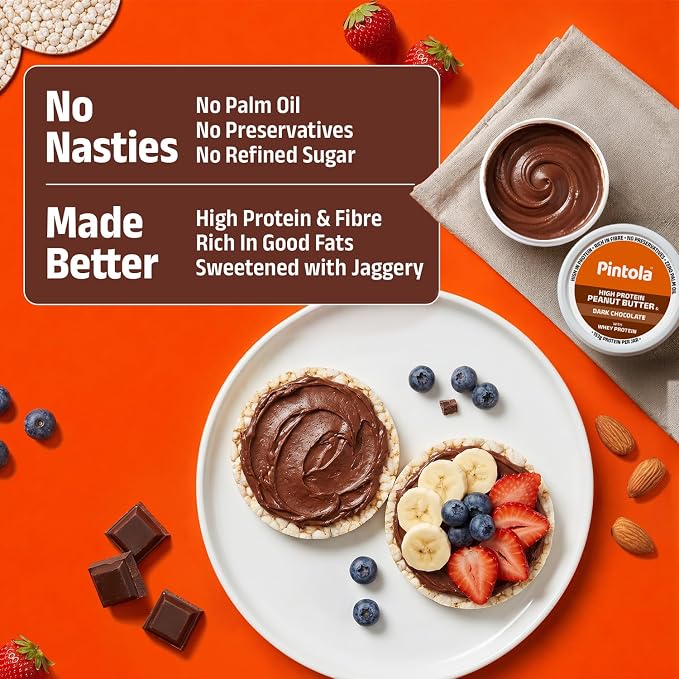PINTOLA High Protein Peanut Butter Chocolate Flavour Creamy 510g, Added WHEY Protein, 30g Protein 6.2g Fiber, Dark Chocolate Peanut Butter Spread, Nut Butter Bread Snacks