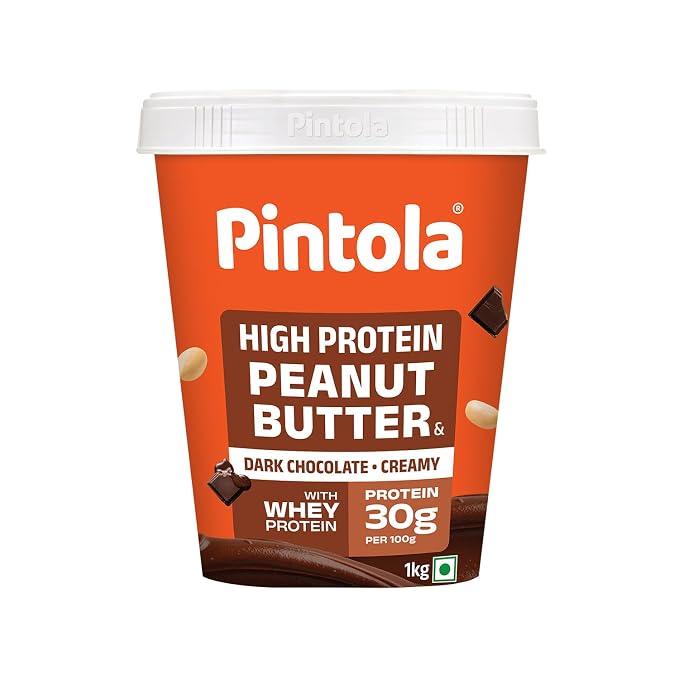 PINTOLA High Protein Peanut Butter Chocolate Flavour Creamy 1kg, Added WHEY Protein, 30g Protein 6.2g Fiber, Dark Chocolate Peanut Butter Spread, Nut Butter Bread Snacks