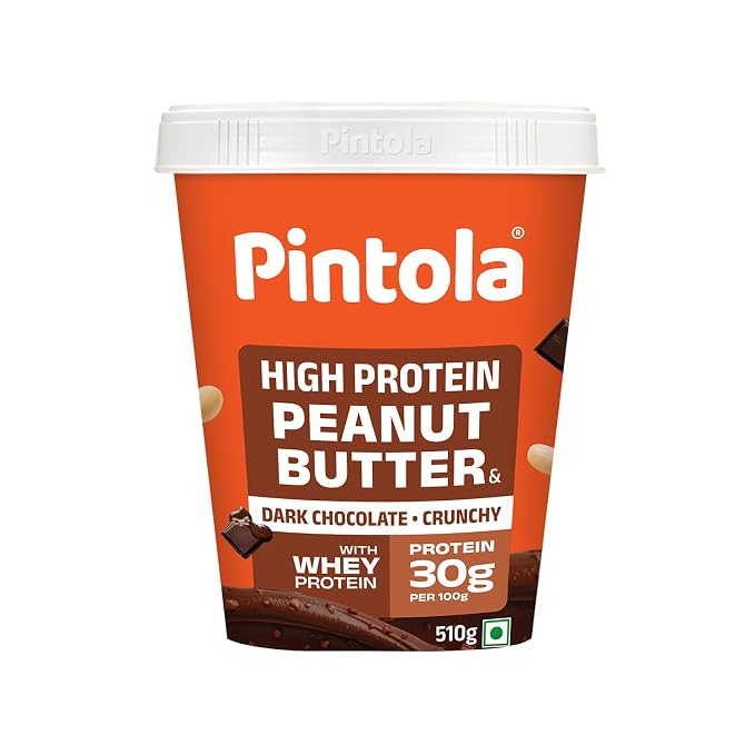 PINTOLA High Protein Peanut Butter Chocolate Flavour Crunchy 510g, Added WHEY Protein, 30g Protein 6.2g Fiber, Dark Chocolate Peanut Butter Spread, Nut Butter Bread Snacks