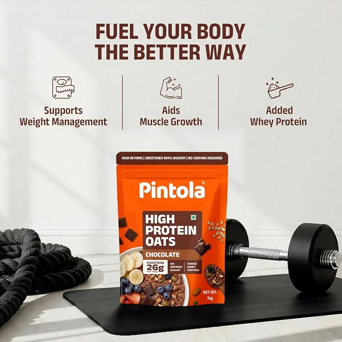 Pintola 26g High Protein Dark Chocolate Oats 1kg, No Refined Sugar, with Almonds, Raisins, Pumpkin & Chia Seeds, 9.6g Fibre, Rolled Oats for Weight management, Breakfast Cereals