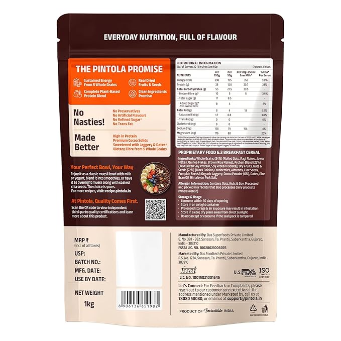 Pintola 25g High Protein Dark Chocolate & Cranberry Muesli 1kg, No Refined Sugar, High Fibre, Breakfast Cereal