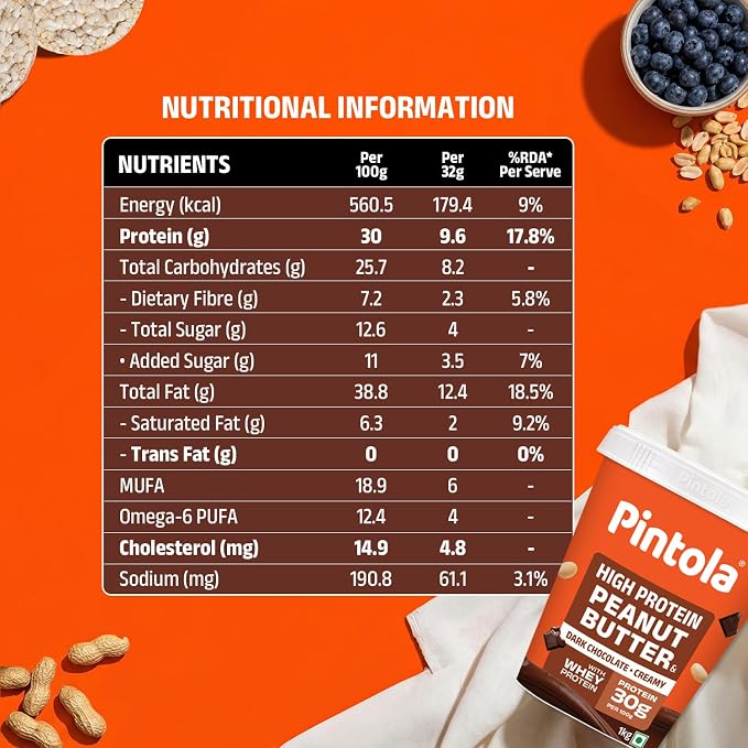 PINTOLA High Protein Peanut Butter Chocolate Flavour Creamy 1kg, Added WHEY Protein, 30g Protein 6.2g Fiber, Dark Chocolate Peanut Butter Spread, Nut Butter Bread Snacks