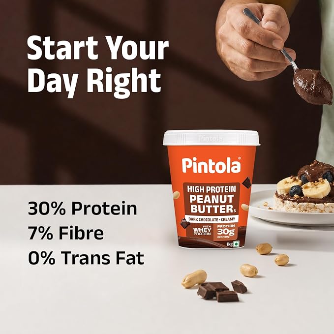 PINTOLA High Protein Peanut Butter Chocolate Flavour Creamy 1kg, Added WHEY Protein, 30g Protein 6.2g Fiber, Dark Chocolate Peanut Butter Spread, Nut Butter Bread Snacks