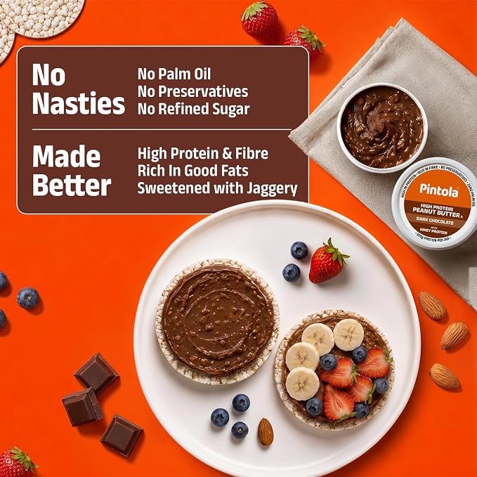 PINTOLA High Protein Peanut Butter Chocolate Flavour Crunchy 1kg, Added WHEY Protein, 30g Protein 6.2g Fiber, Dark Chocolate Peanut Butter Spread, Nut Butter Bread Snacks