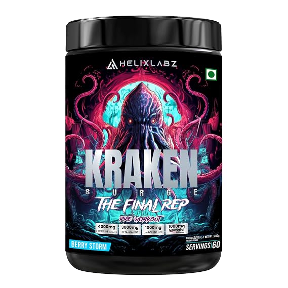 Kraken Pre-Workout | 60 Servings, Berry Storm | Advanced Pre-Workout Formula with 1000mg US Patented Nitrosigine® | 4000mg L-Citrulline Malate | 3000mg Beta-Alanine | 1000mg L-Arginine HCL | Peak Performance & Endurance