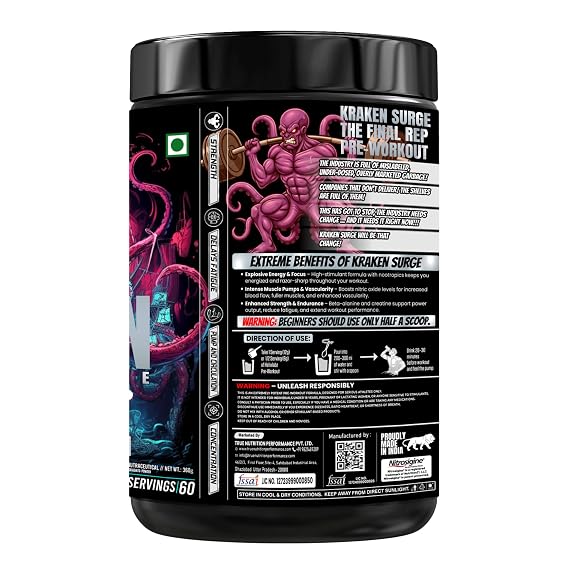 Kraken Pre-Workout | 60 Servings, Mango | Advanced Pre-Workout Formula with 1000mg US Patented Nitrosigine® | 4000mg L-Citrulline Malate | 3000mg Beta-Alanine | 1000mg L-Arginine HCL | Peak Performance & Endurance