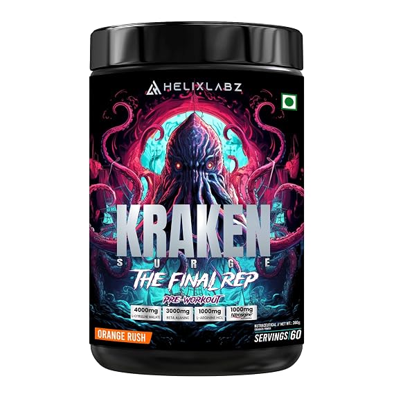 Kraken Pre-Workout | 60 Servings, Orange Rush | Advanced Pre-Workout Formula with 1000mg US Patented Nitrosigine® | 4000mg L-Citrulline Malate | 3000mg Beta-Alanine | 1000mg L-Arginine HCL | Peak Performance & Endurance
