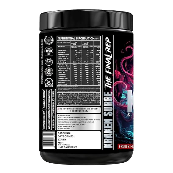 Kraken Pre-Workout | 60 Servings, Orange Rush | Advanced Pre-Workout Formula with 1000mg US Patented Nitrosigine® | 4000mg L-Citrulline Malate | 3000mg Beta-Alanine | 1000mg L-Arginine HCL | Peak Performance & Endurance