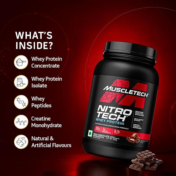 MuscleTech Nitro-Tech Whey Protein, 907g (2lbs), Milk Chocolate, 30g Protein, 3g creatine monohydrate, 6.7g BCAA, ultimate muscle building formula, increase strength & performance