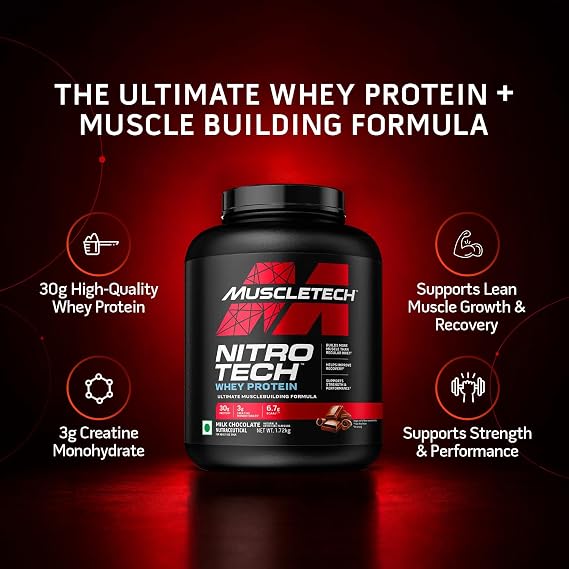 MuscleTech Nitro-Tech Whey Protein, 1.72kg (3.8lbs), Milk Chocolate, 30g Protein, 3g creatine monohydrate, 6.7g BCAA, ultimate muscle building formula, increase strength & performance