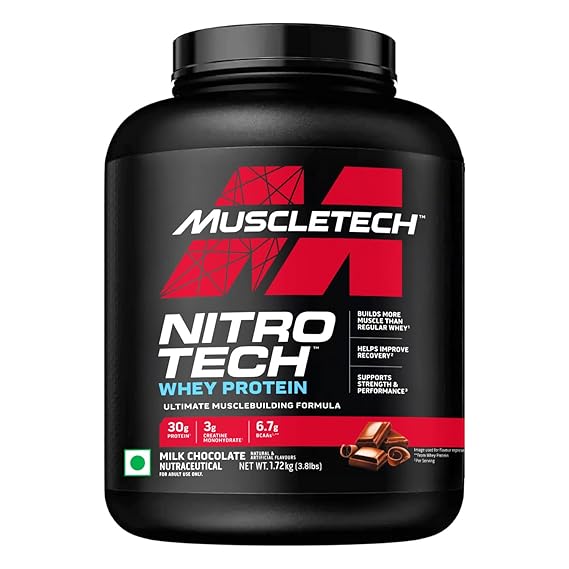 MuscleTech Nitro-Tech Whey Protein, 1.72kg (3.8lbs), Milk Chocolate, 30g Protein, 3g creatine monohydrate, 6.7g BCAA, ultimate muscle building formula, increase strength & performance