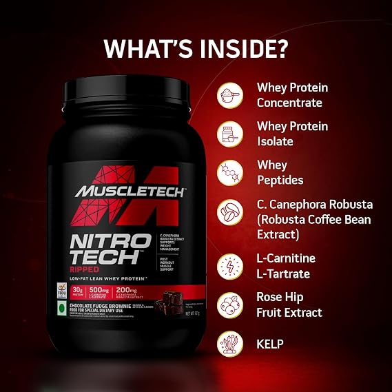 MuscleTech Nitrotech Ripped,907G (2Lbs),Chocolate Fudge Brownie,Low Fat Lean Whey Protein,+ Weight Management,30G From Whey Protein,500G (L-Carnitine & L-Tartrate),200Mg