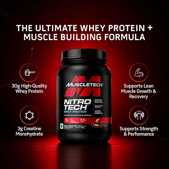 MuscleTech Nitro-Tech Whey Protein, 907g (2lbs), Milk Chocolate, 30g Protein, 3g creatine monohydrate, 6.7g BCAA, ultimate muscle building formula, increase strength & performance