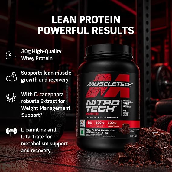 MuscleTech Nitrotech Ripped,907G (2Lbs),Chocolate Fudge Brownie,Low Fat Lean Whey Protein,+ Weight Management,30G From Whey Protein,500G (L-Carnitine & L-Tartrate),200Mg