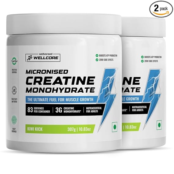 Wellcore Pure Micronised Creatine Powder (83 Servings, Kiwi Kick) For Enhanced Muscle Strength With Rapid Absorption | Creatine Monohydrate | Wellcore Creatine Flavoured - 307g