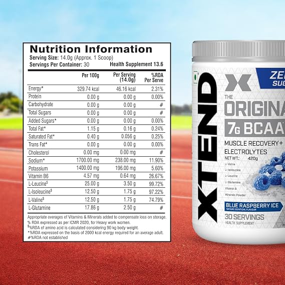 XTEND Original BCAA Powder (Blue Raspberry Ice), 7g BCAAs in 2:1:1 Ratio, Intra Workout Support with Glutamine & Electrolytes, Amino Acids for Hydration & Muscle Recovery, 420 gm, 30 Servings