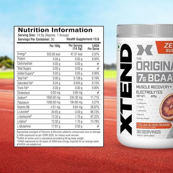 XTEND Original BCAA Powder (Italian Blood Orange), 7g BCAAs in 2:1:1 Ratio, Intra Workout Support with Glutamine & Electrolytes, Amino Acids for Hydration & Muscle Recovery, 426 gm, 30 Servings